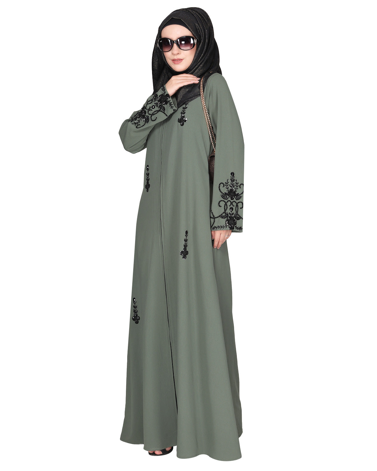 Rich hand embroidered front open abaya with itricate motif of glittering beads Dead Mint
