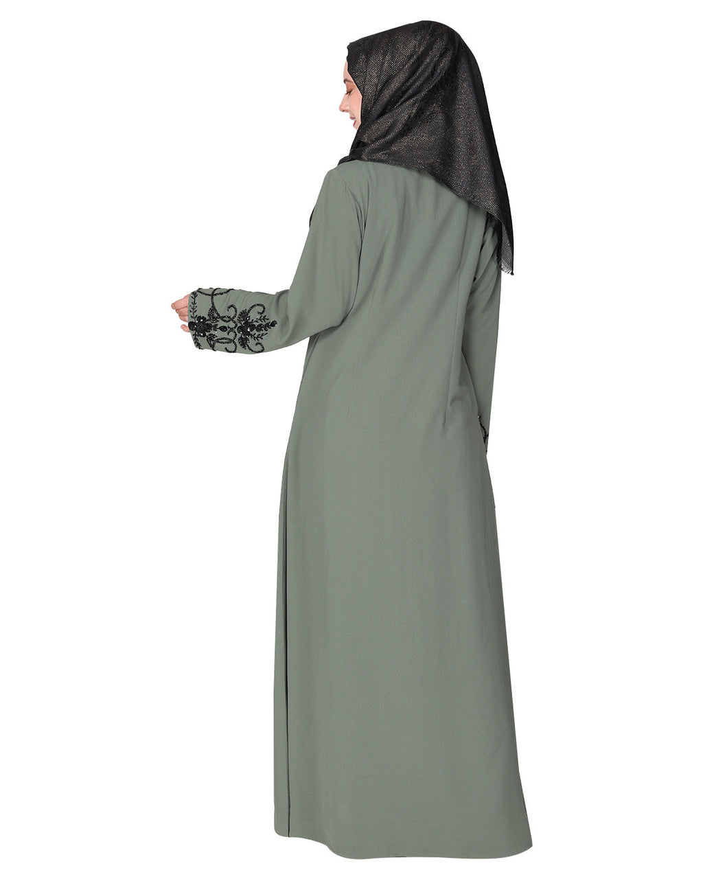 Rich hand embroidered front open abaya with itricate motif of glittering beads Dead Mint