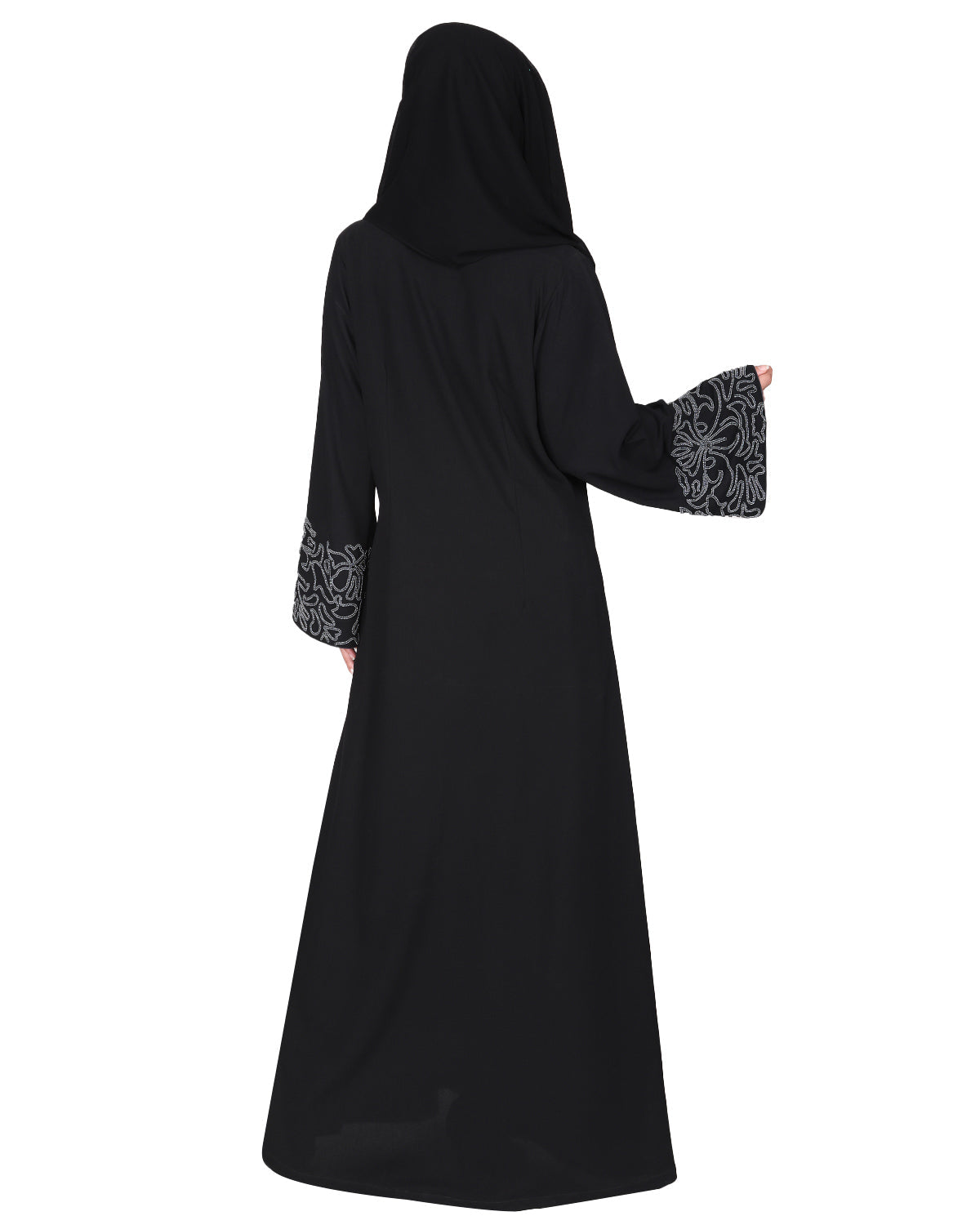 Premium handembroidered front open abaya with gleaming dual seed beads Black