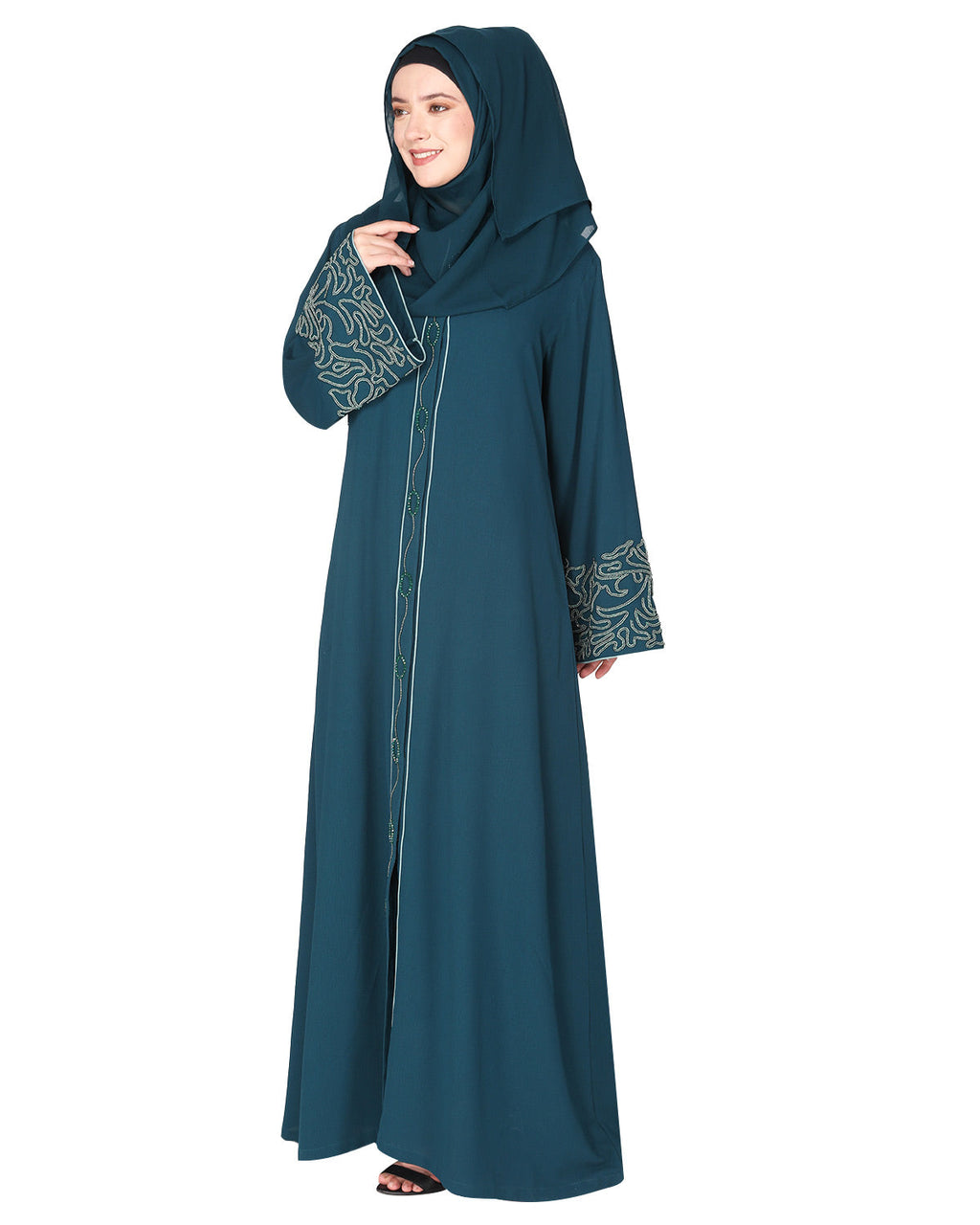 Premium handembroidered front open abaya with gleaming dual seed beads Bottle Green