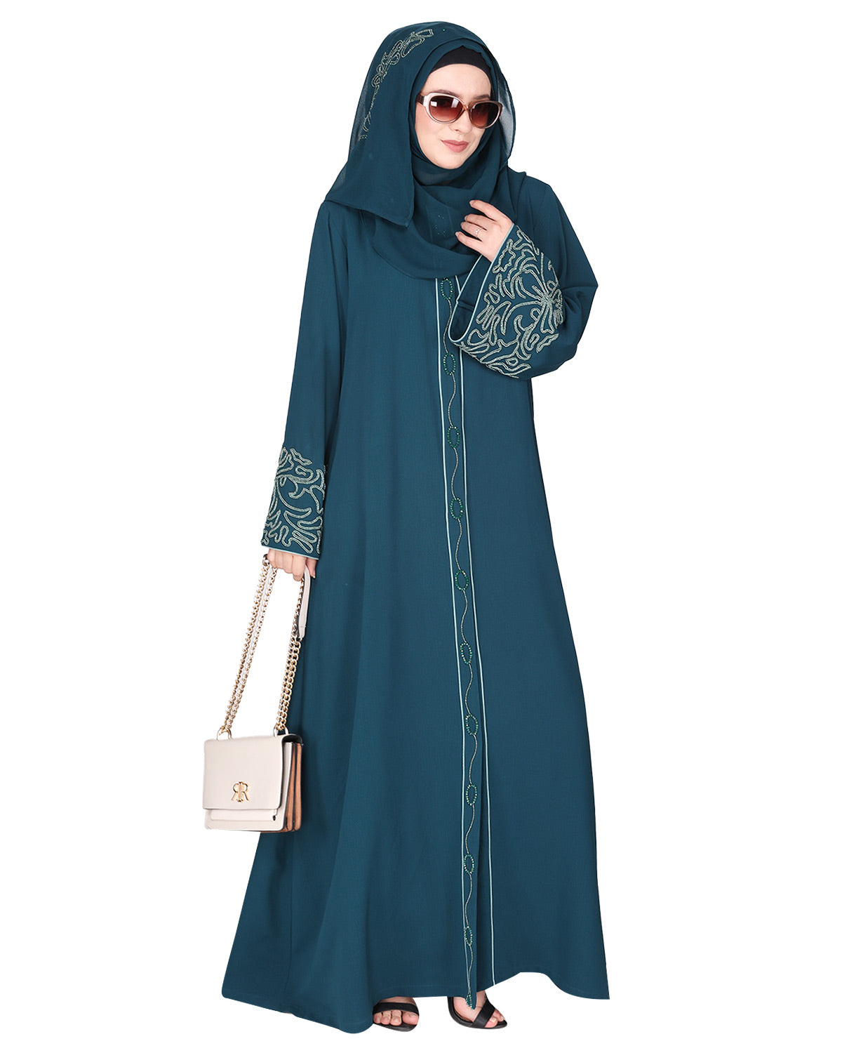 Premium handembroidered front open abaya with gleaming dual seed beads Bottle Green