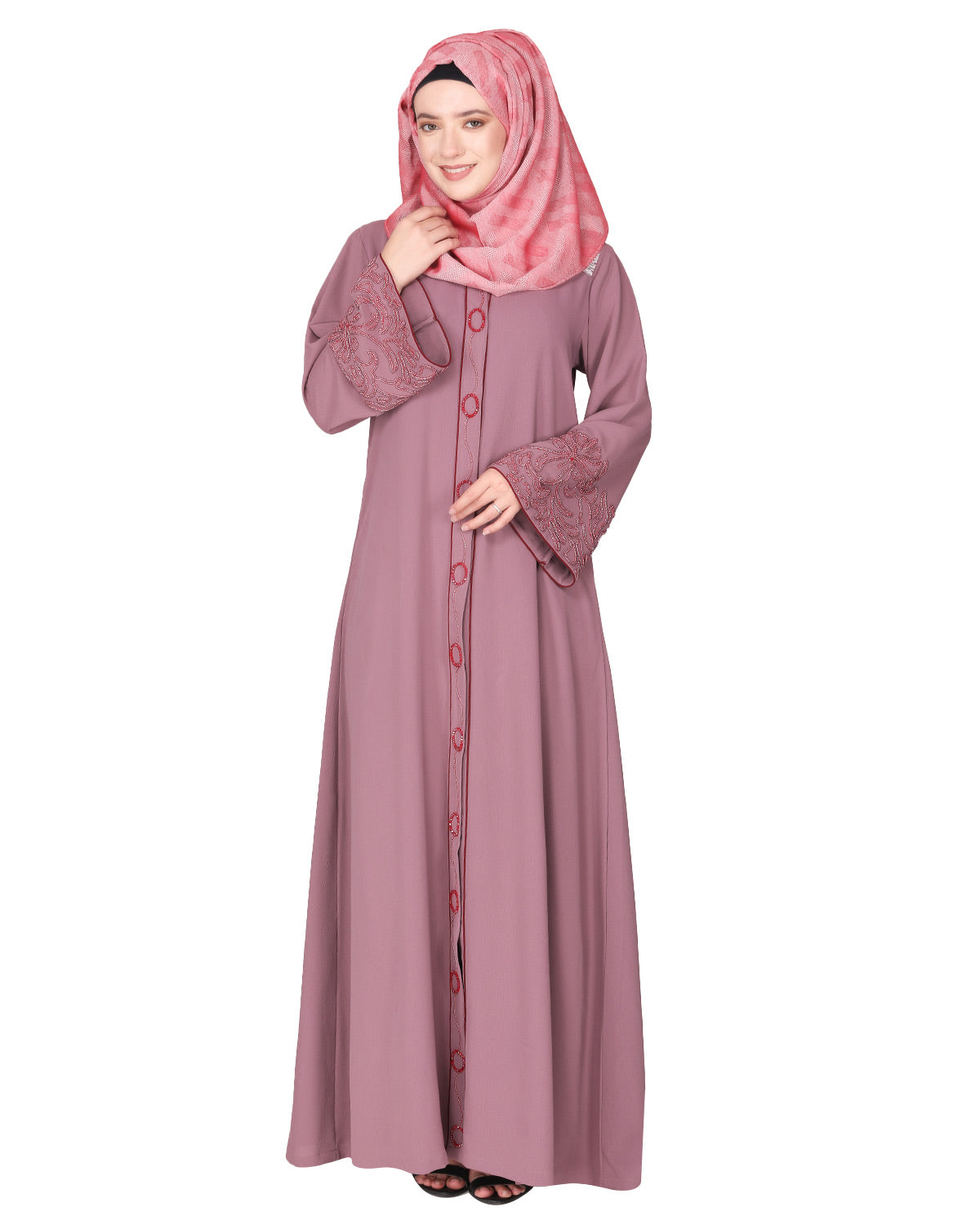 Premium handembroidered front open abaya with gleaming dual seed beads Onion Pink