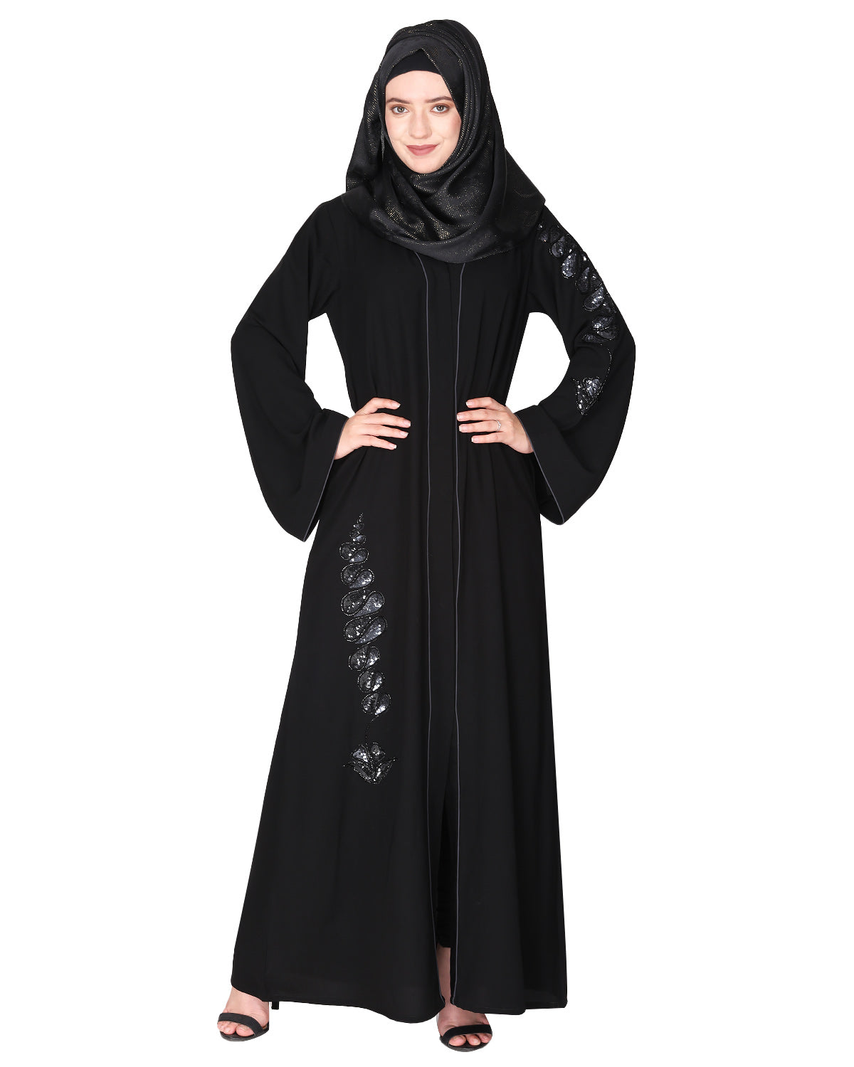 Opulent hand embroidered front open abaya with a unique twisted motif of sparkling sequins Black