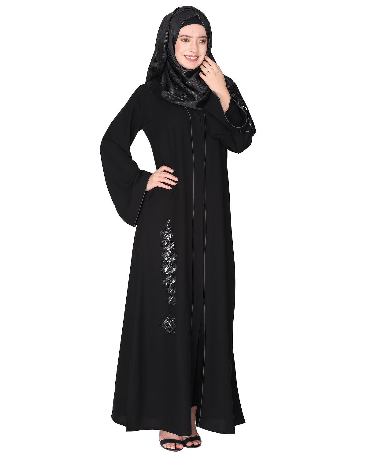 Opulent hand embroidered front open abaya with a unique twisted motif of sparkling sequins Black