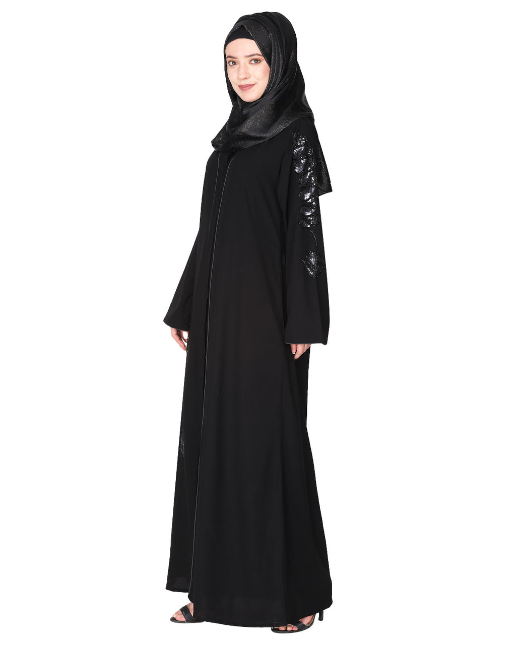 Opulent hand embroidered front open abaya with a unique twisted motif of sparkling sequins Black