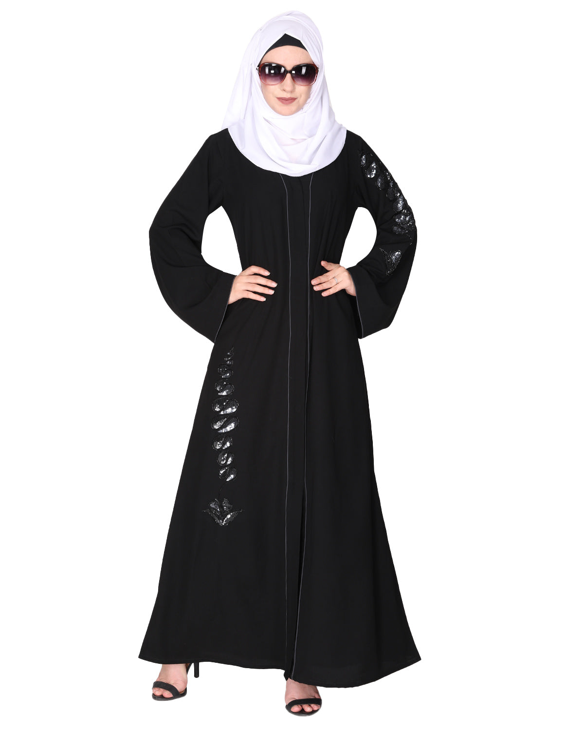 Opulent hand embroidered front open abaya with a unique twisted motif of sparkling sequins Black