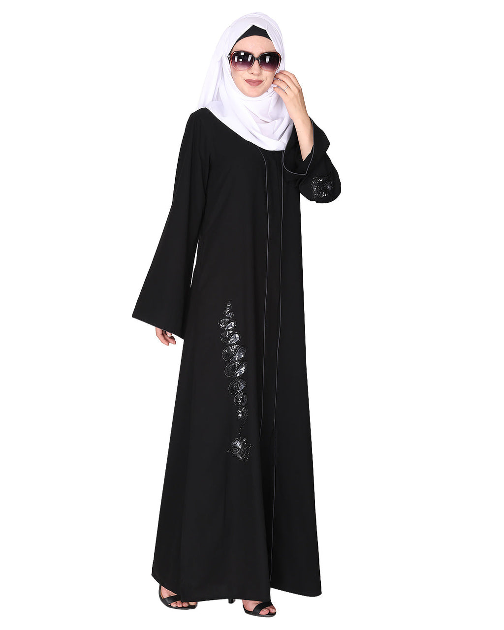 Opulent hand embroidered front open abaya with a unique twisted motif of sparkling sequins Black