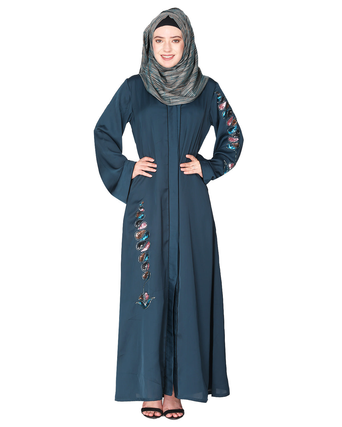 Opulent hand embroidered front open abaya with a unique twisted motif of sparkling sequins Bottle Green