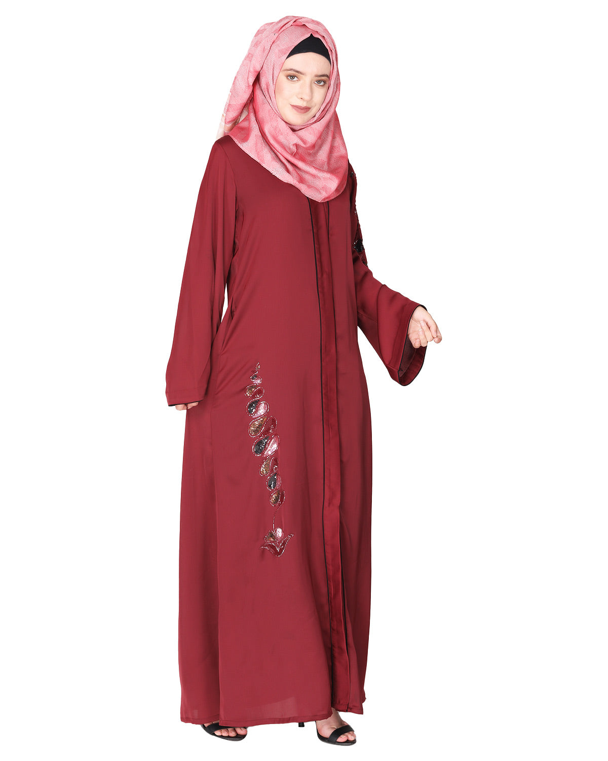 Opulent hand embroidered front open abaya with a unique twisted motif of sparkling sequins Maroon
