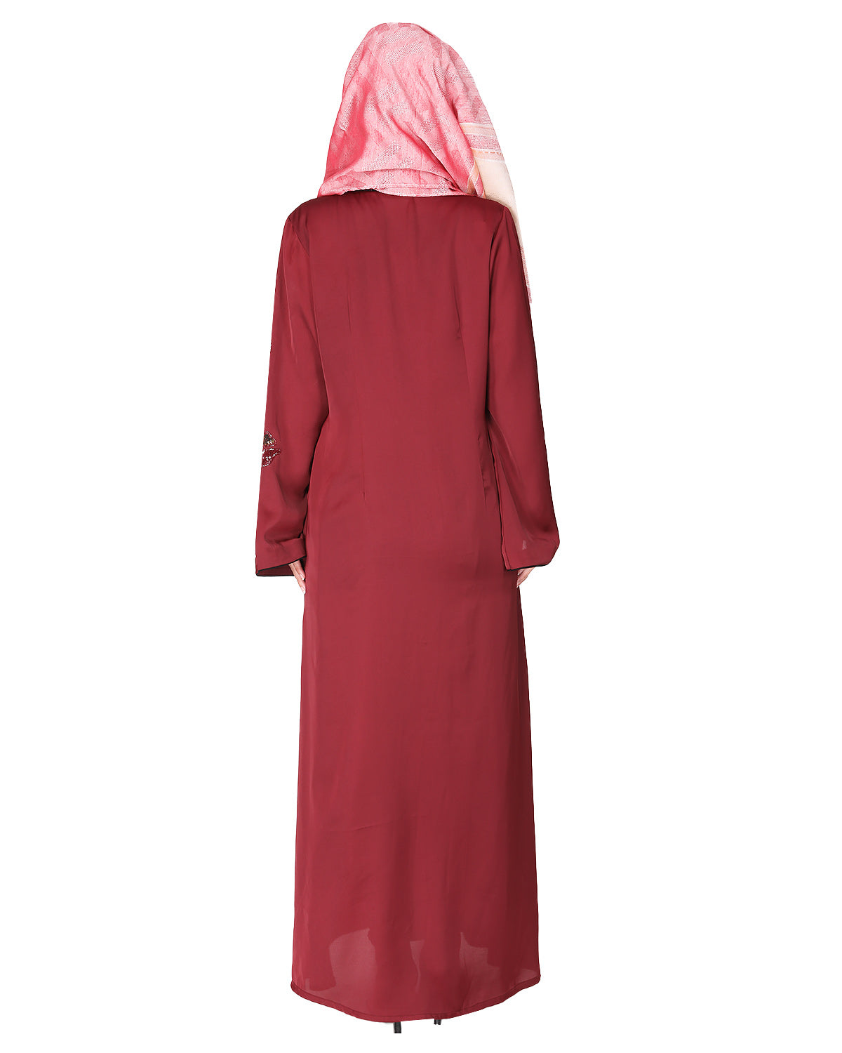 Opulent hand embroidered front open abaya with a unique twisted motif of sparkling sequins Maroon