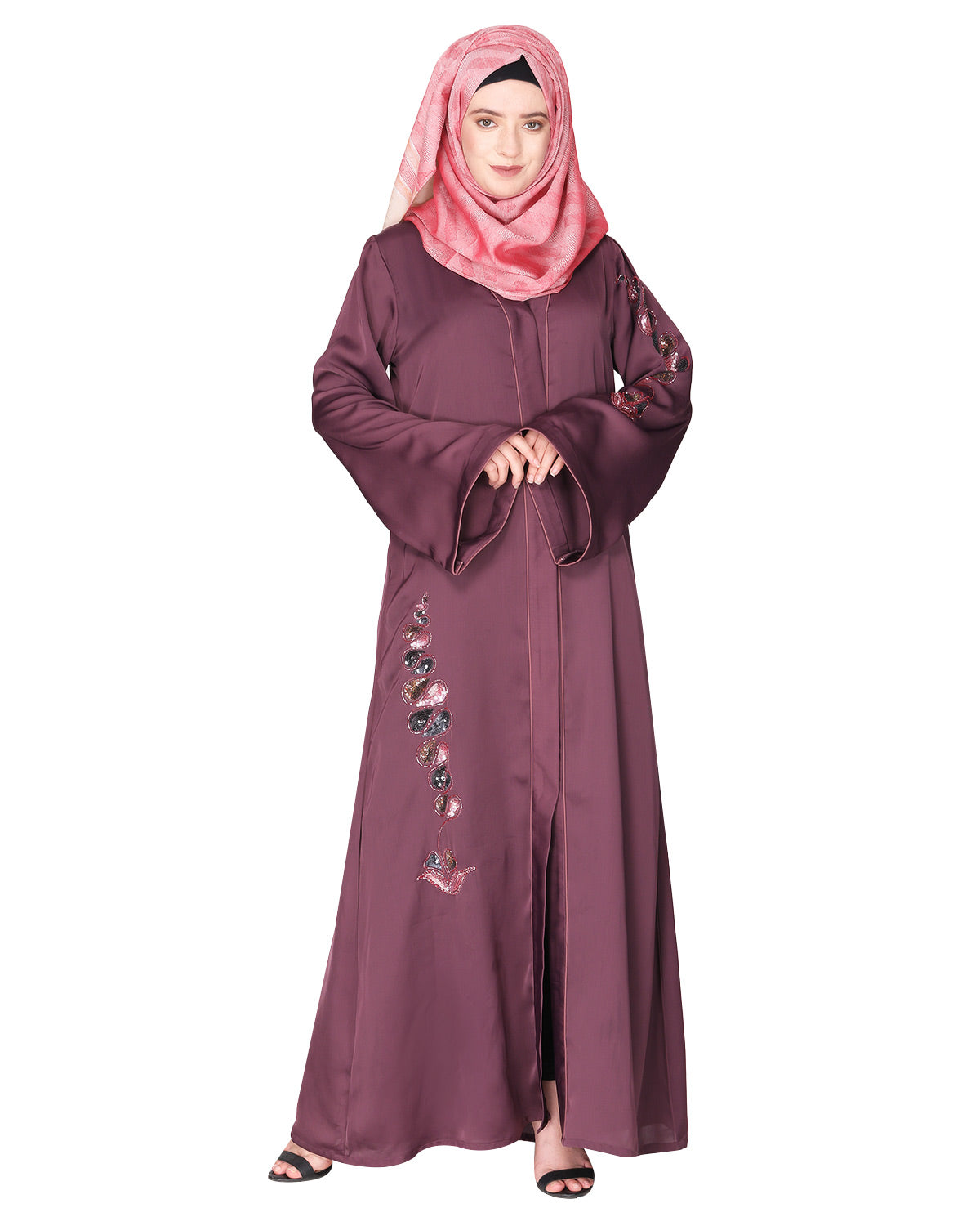Opulent hand embroidered front open abaya with a unique twisted motif of sparkling sequins Purple