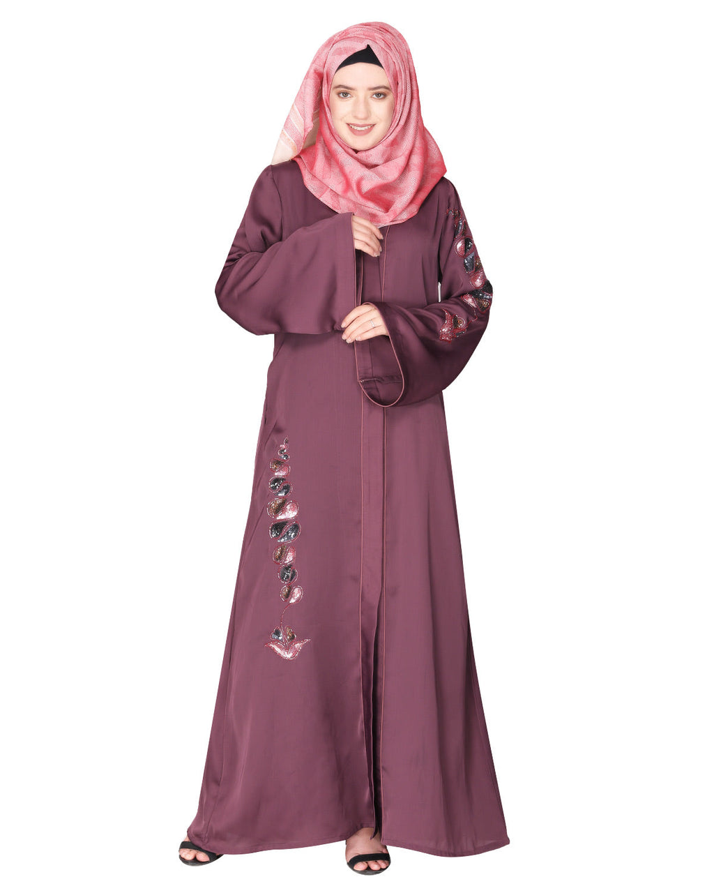 Opulent hand embroidered front open abaya with a unique twisted motif of sparkling sequins Purple
