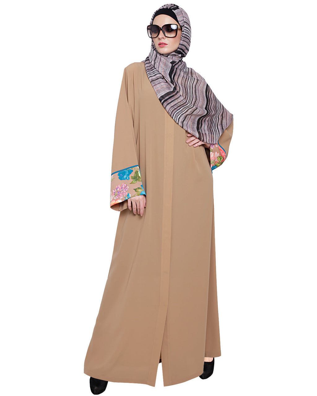 Golden Lace Embellished Abaya Beige