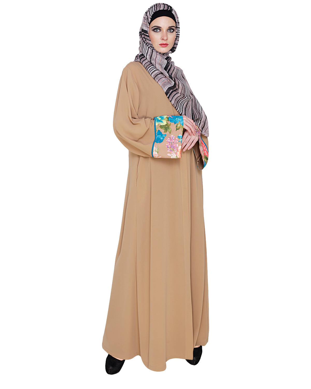 Golden Lace Embellished Abaya Beige