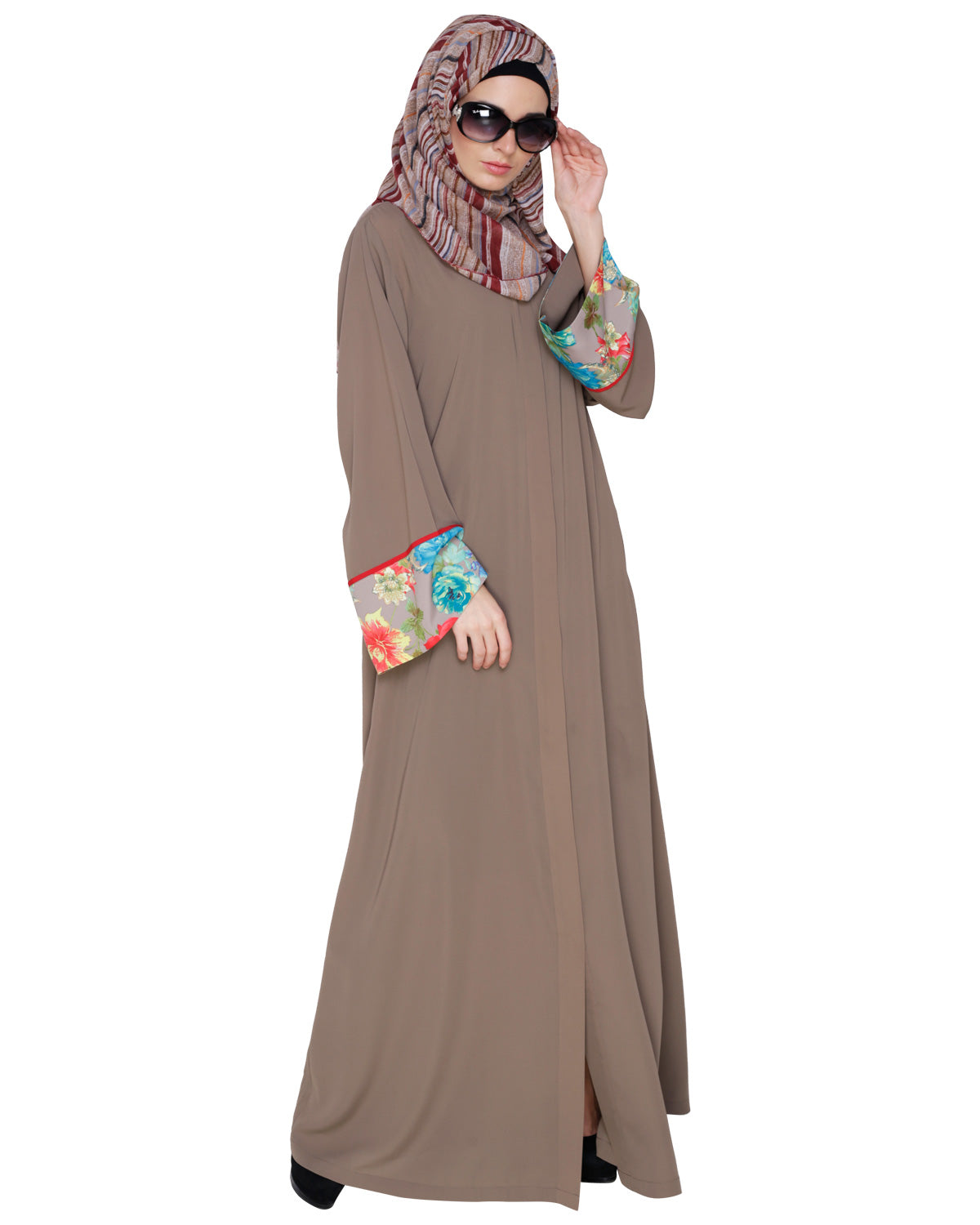 Golden Lace Embellished Abaya Brown