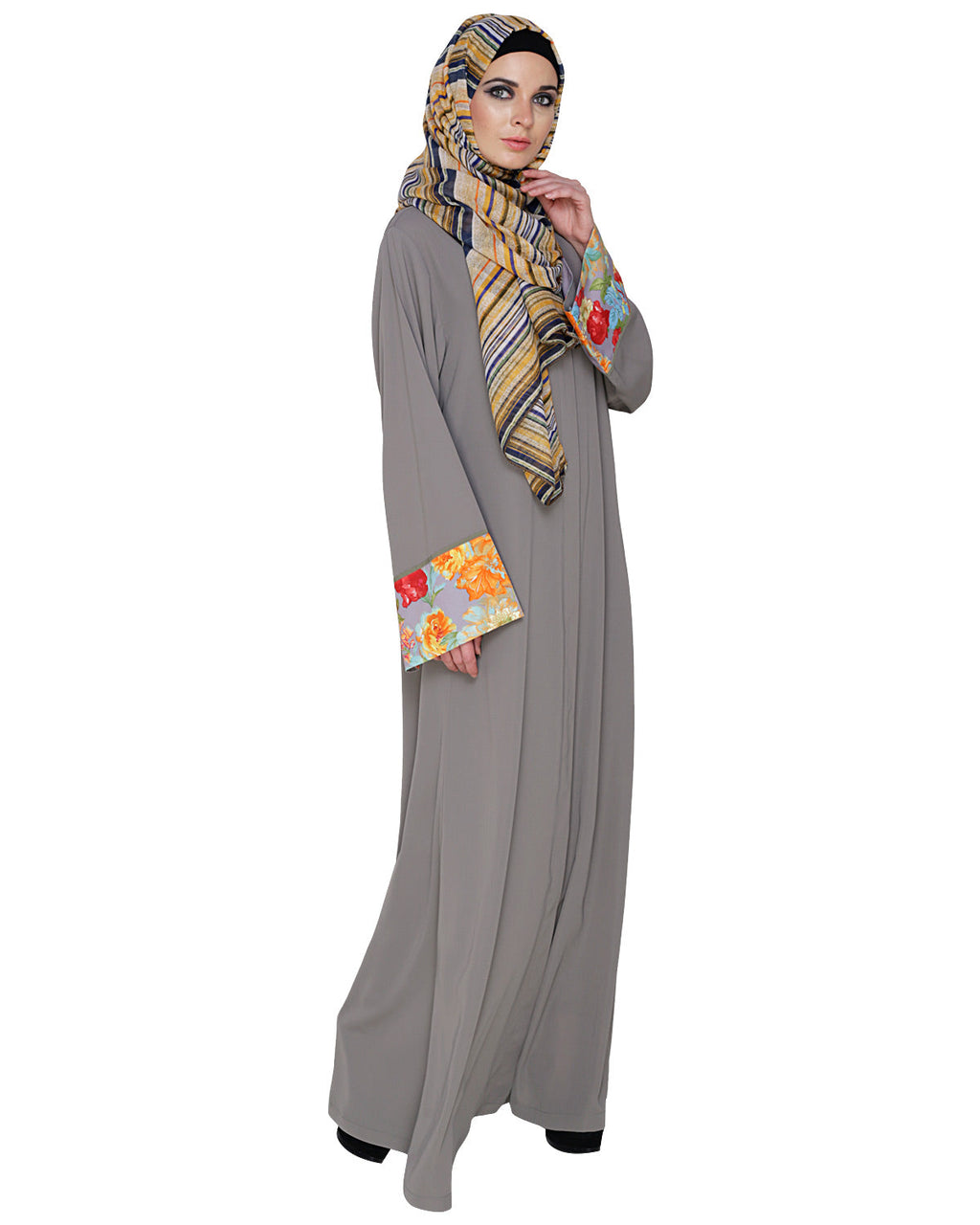 Golden Lace Embellished Abaya Grey