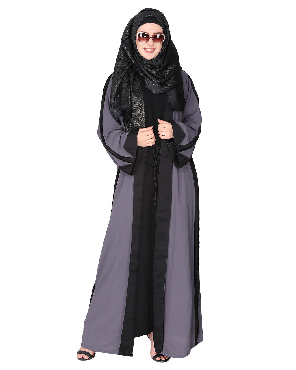 Smart casual shrug styl abaya with distinct reverse sleeves & collar. Dark Grey