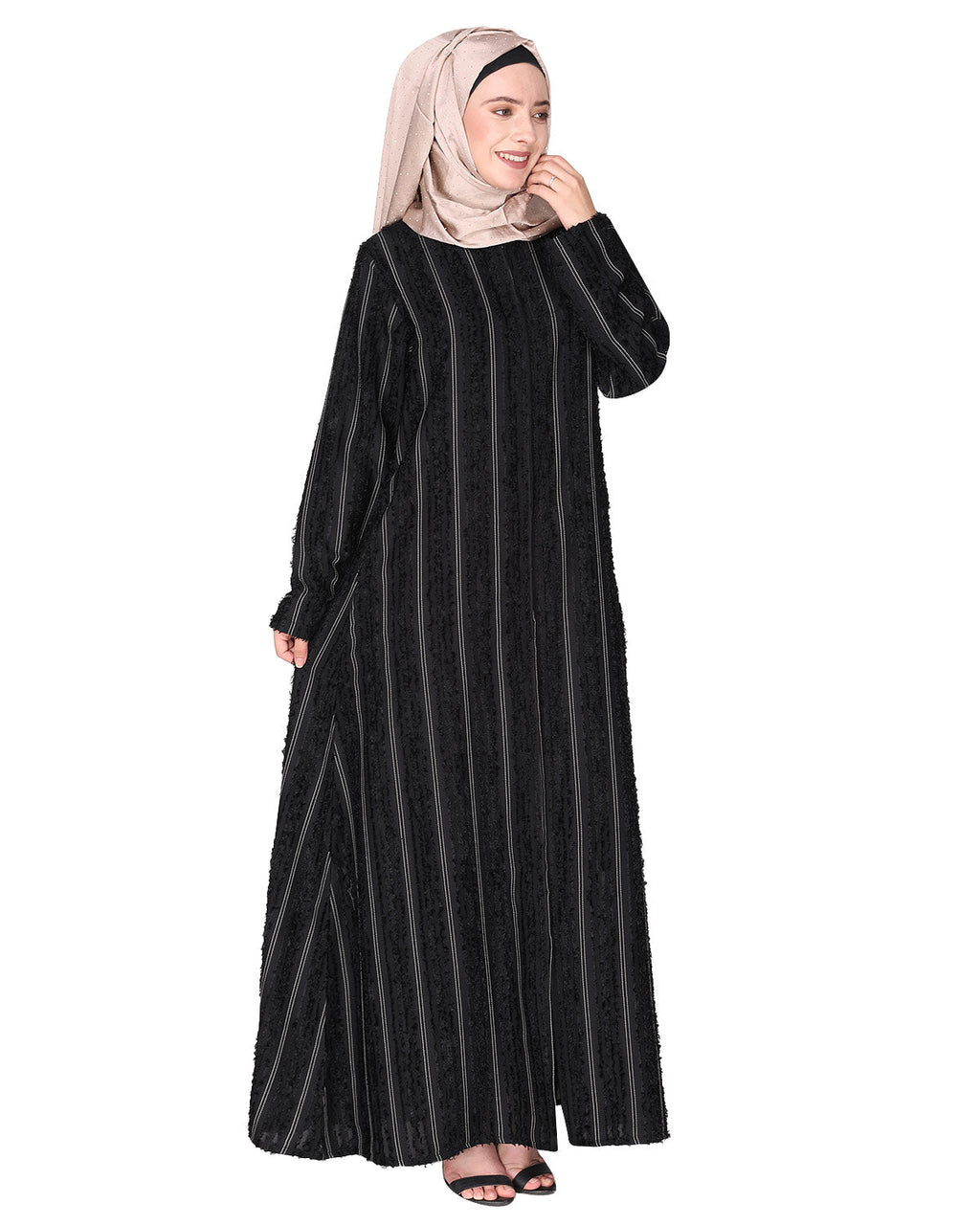 Affluent front open zipped black abaya in fancy Pin striped furr fabric Black