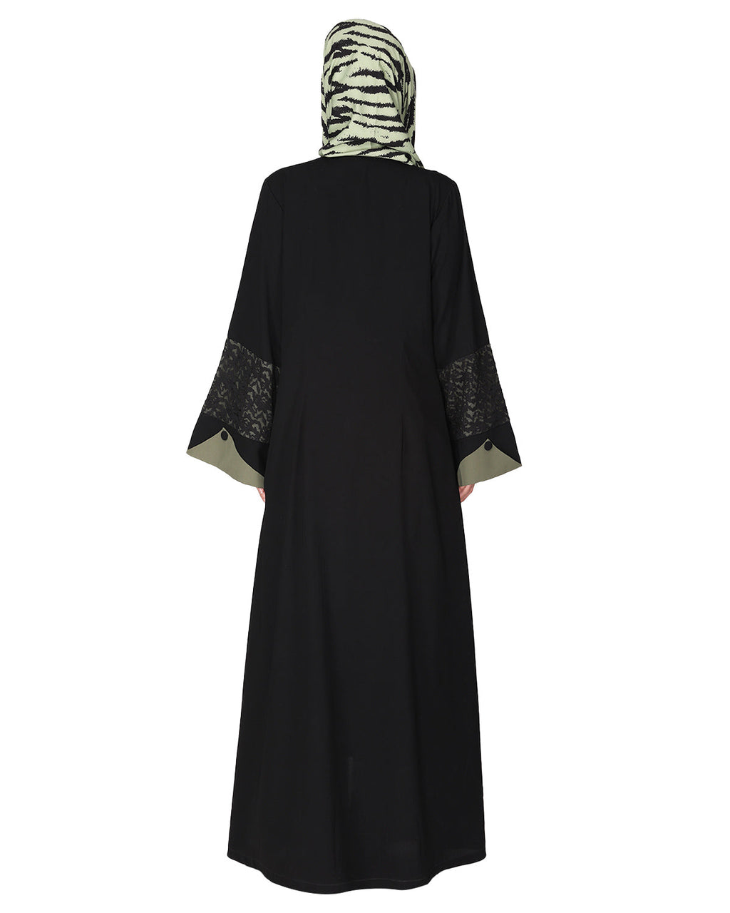 Contemporary jacket type front open abaya with stylish laced sleeves Green & Black