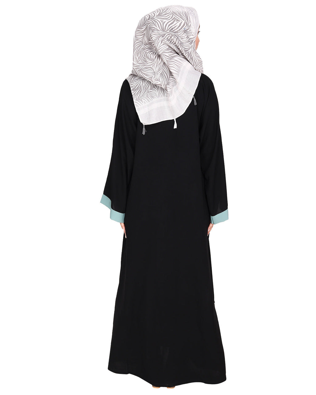Contemporary jacket type front open abaya with stylish laced sleeves Black & Sage