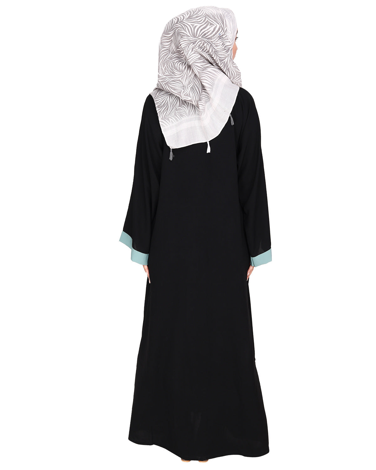 Contemporary jacket type front open abaya with stylish laced sleeves Black & Sage