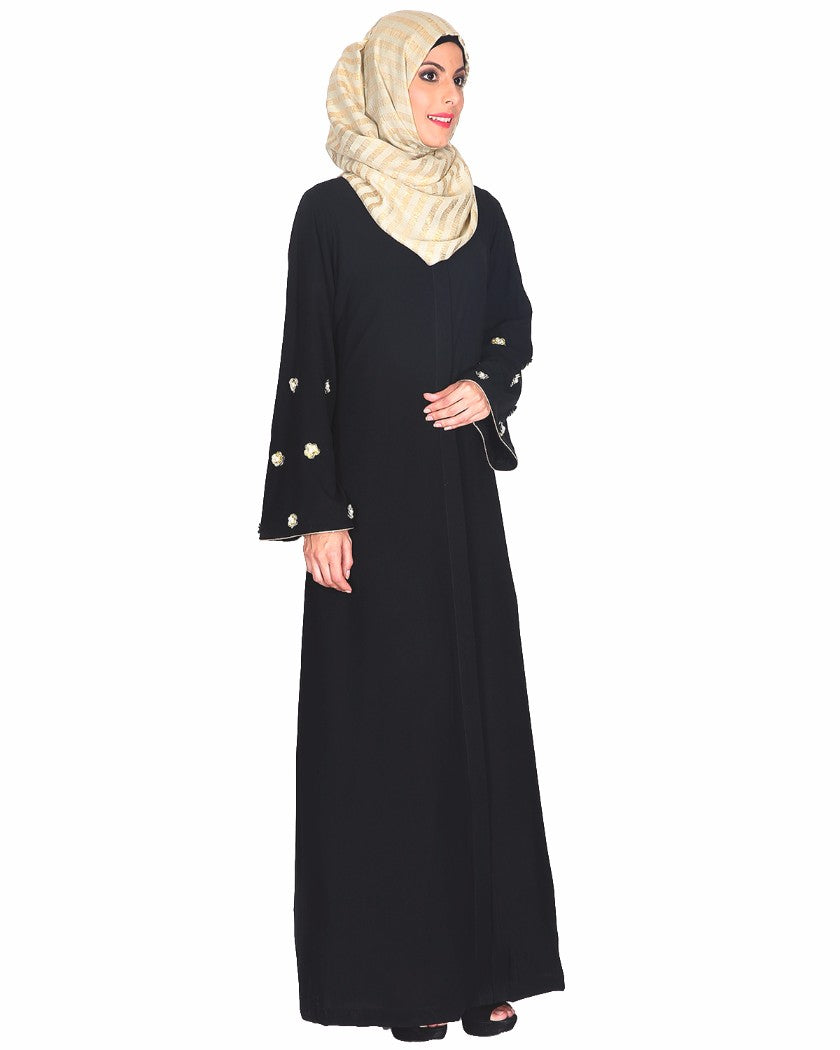 Black Abaya With Delicate Embroidered Bell Sleeve Black