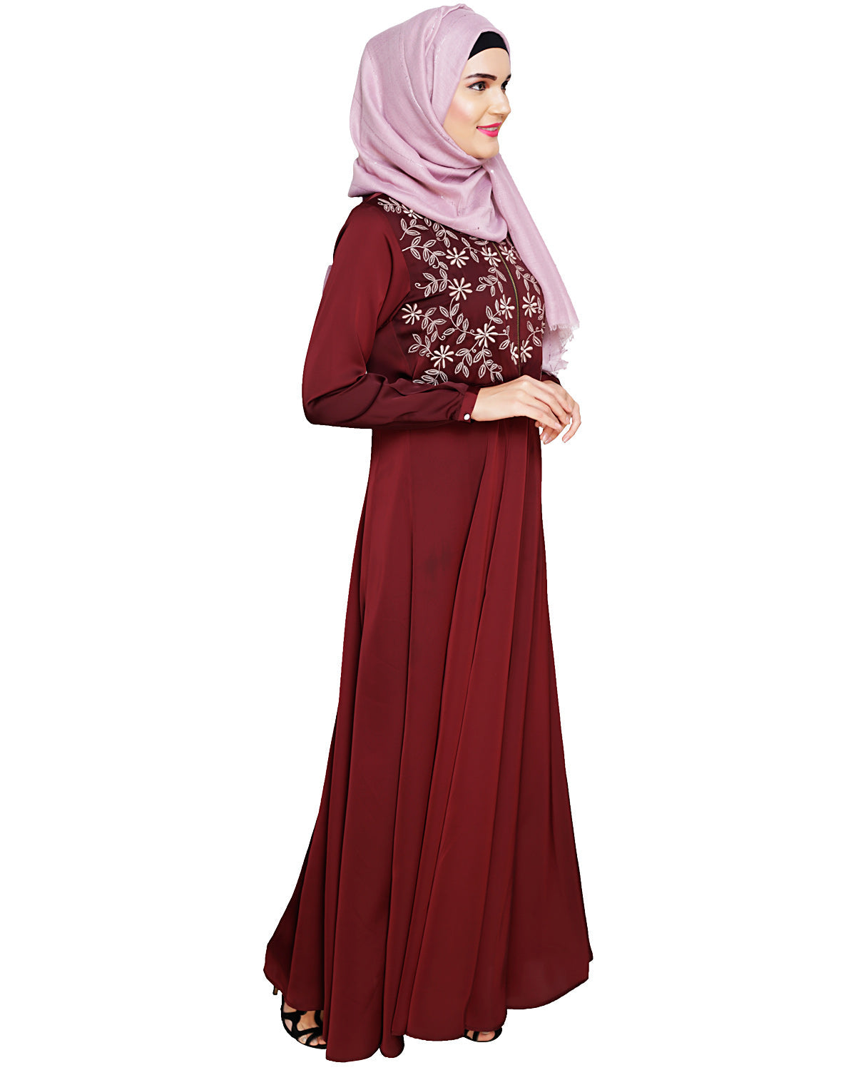 Beautiful Embroidered Abaya Yoke Wine