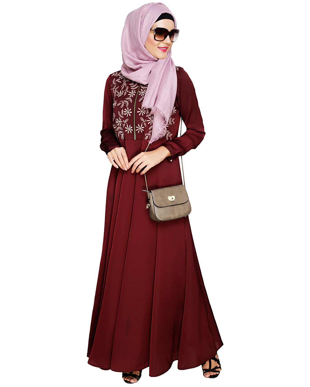 Beautiful Embroidered Abaya Yoke Wine