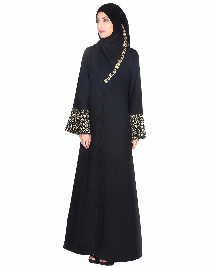 Black Abaya With Gold Zari Designer Embroidered Bell Sleeve Black