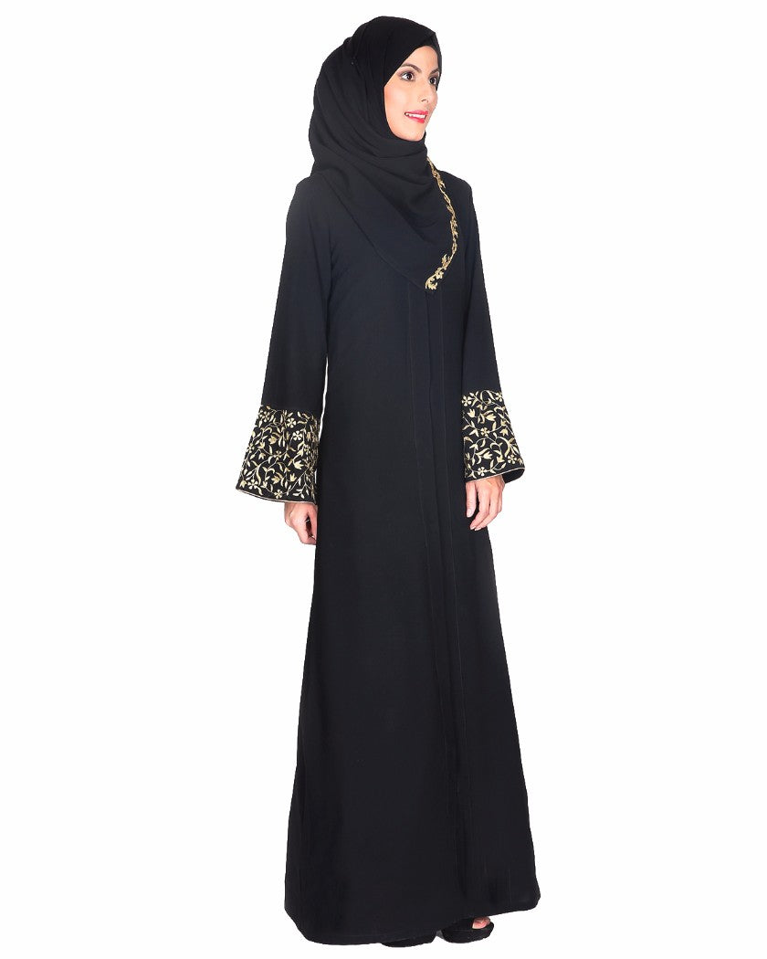 Black Abaya With Gold Zari Designer Embroidered Bell Sleeve Black