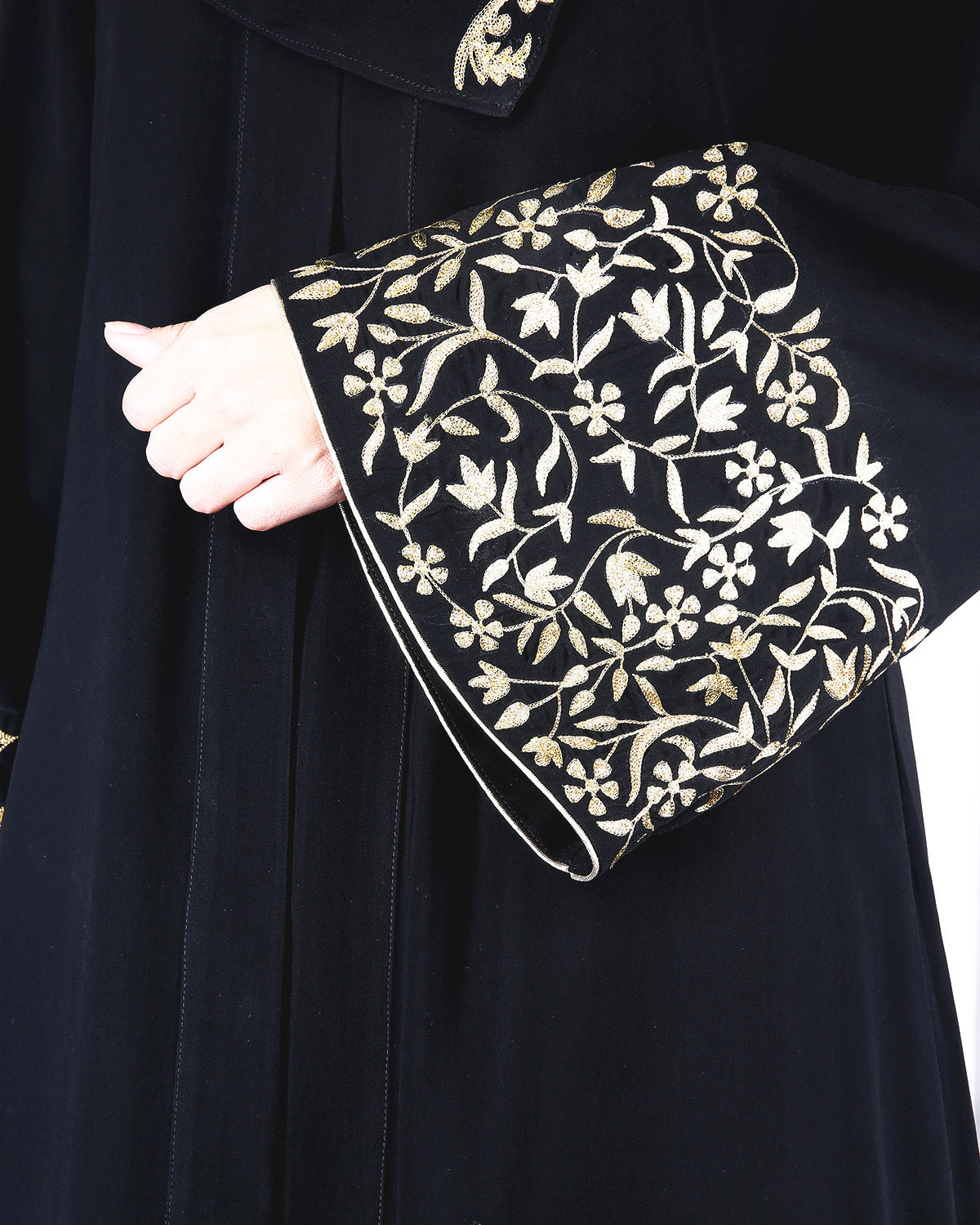Black Abaya With Gold Zari Designer Embroidered Bell Sleeve Black