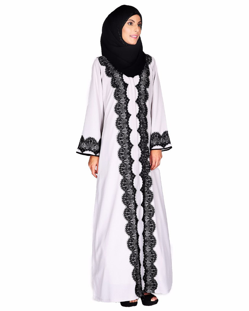 Grey Abaya With Embellished With Black Lace Detailing Grey & Black