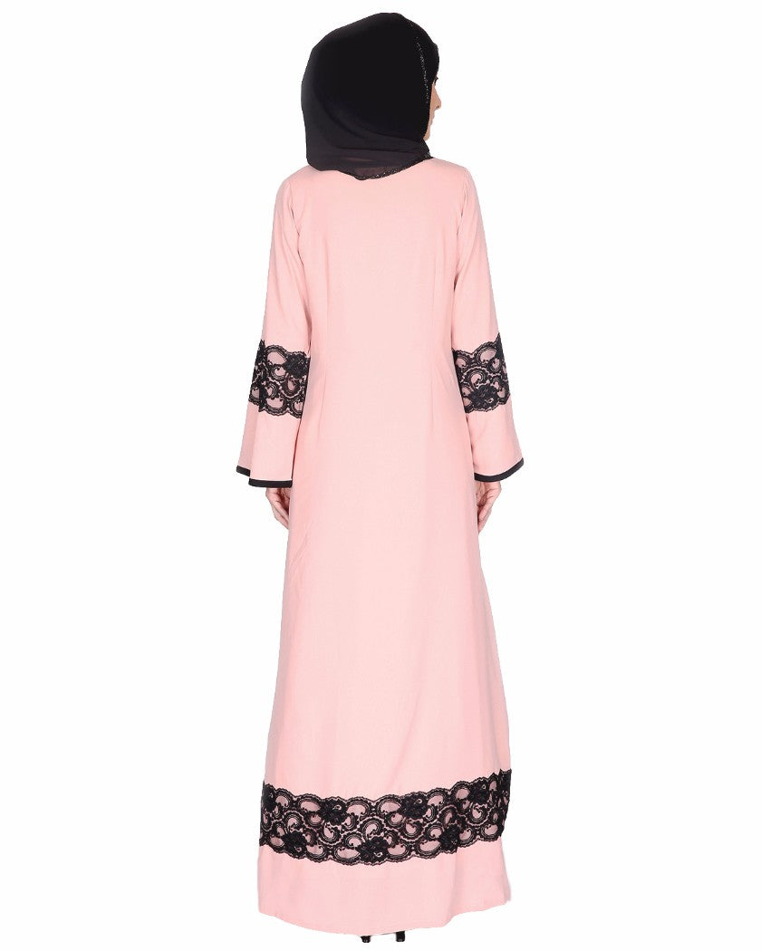 Peachish Pink Abaya With Black Lace Detaling Pink