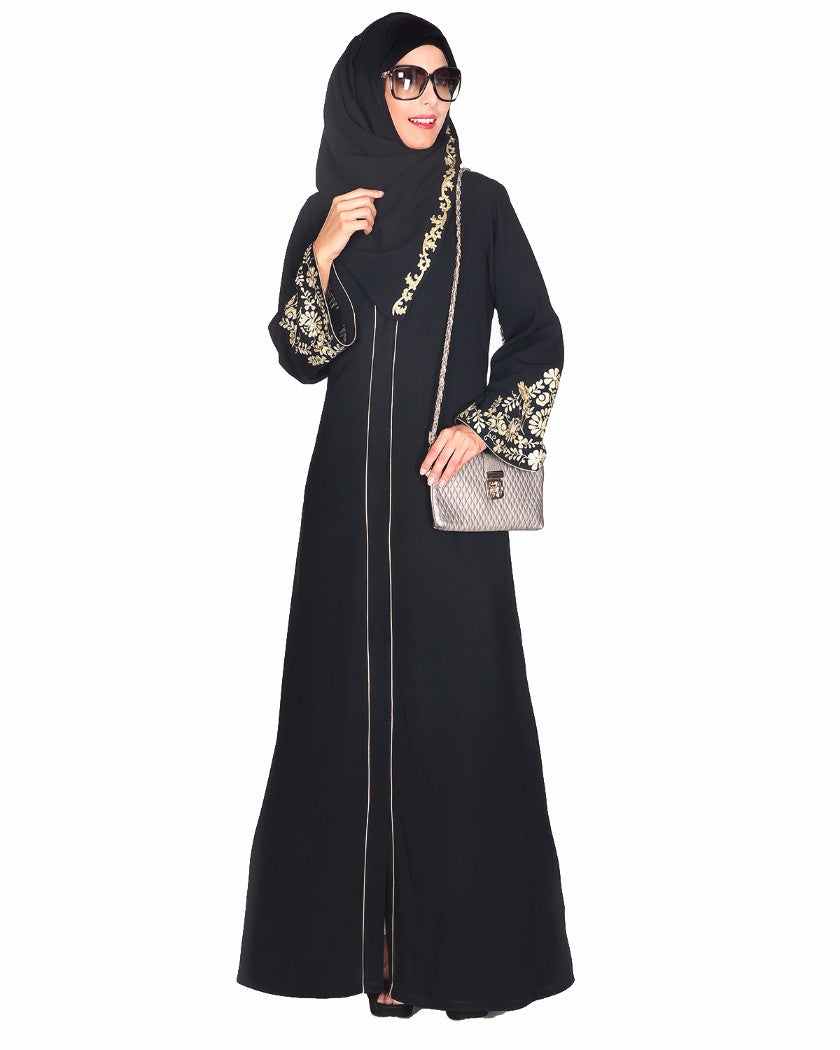 Black Abaya With Gold Zari Embroidered Bell Sleeve Black