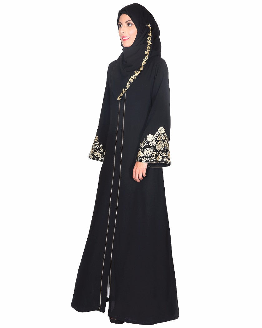 Black Abaya With Gold Zari Embroidered Bell Sleeve Black