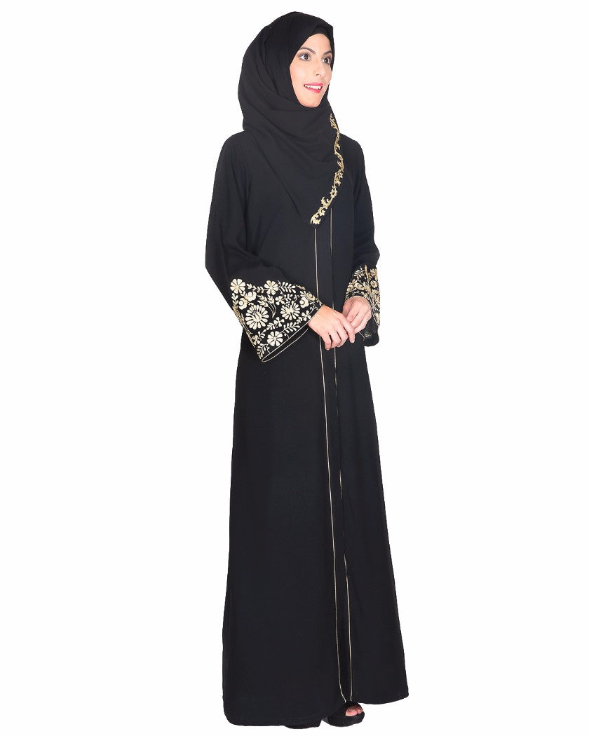 Black Abaya With Gold Zari Embroidered Bell Sleeve Black