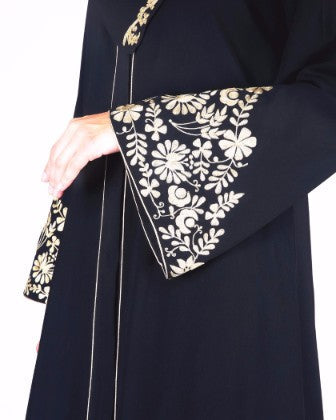 Black Abaya With Gold Zari Embroidered Bell Sleeve Black
