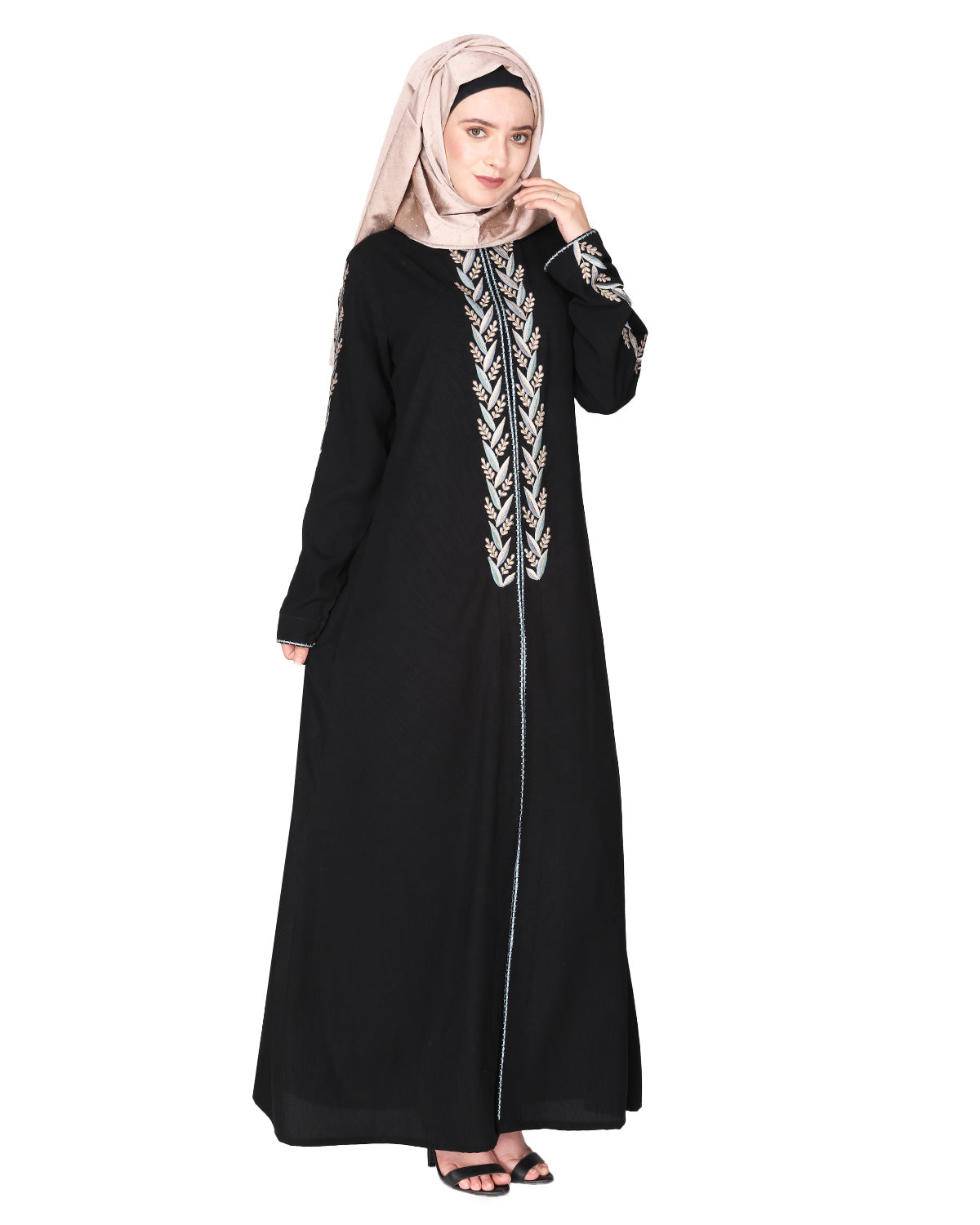 Exclusive abaya with turquoise and Gold Leaf Embroidery Black
