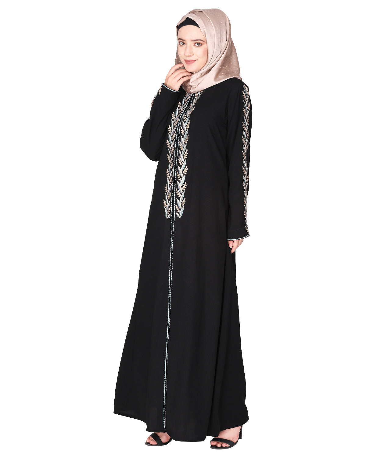 Exclusive abaya with turquoise and Gold Leaf Embroidery Black
