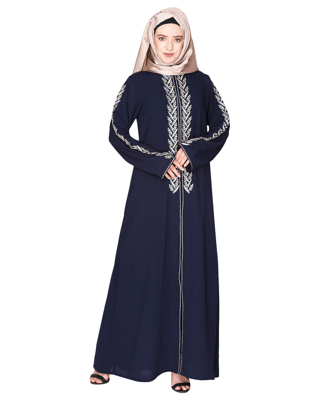 Exclusive abaya with turquoise and Gold Leaf Embroidery Blue