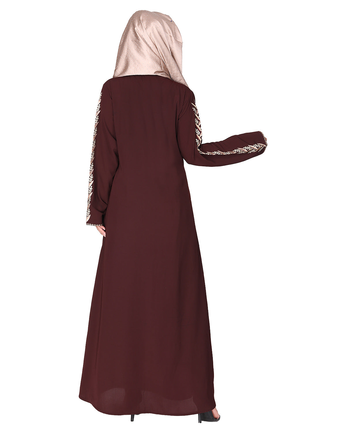 Exclusive abaya with turquoise and Gold Leaf Embroidery Dark Brown