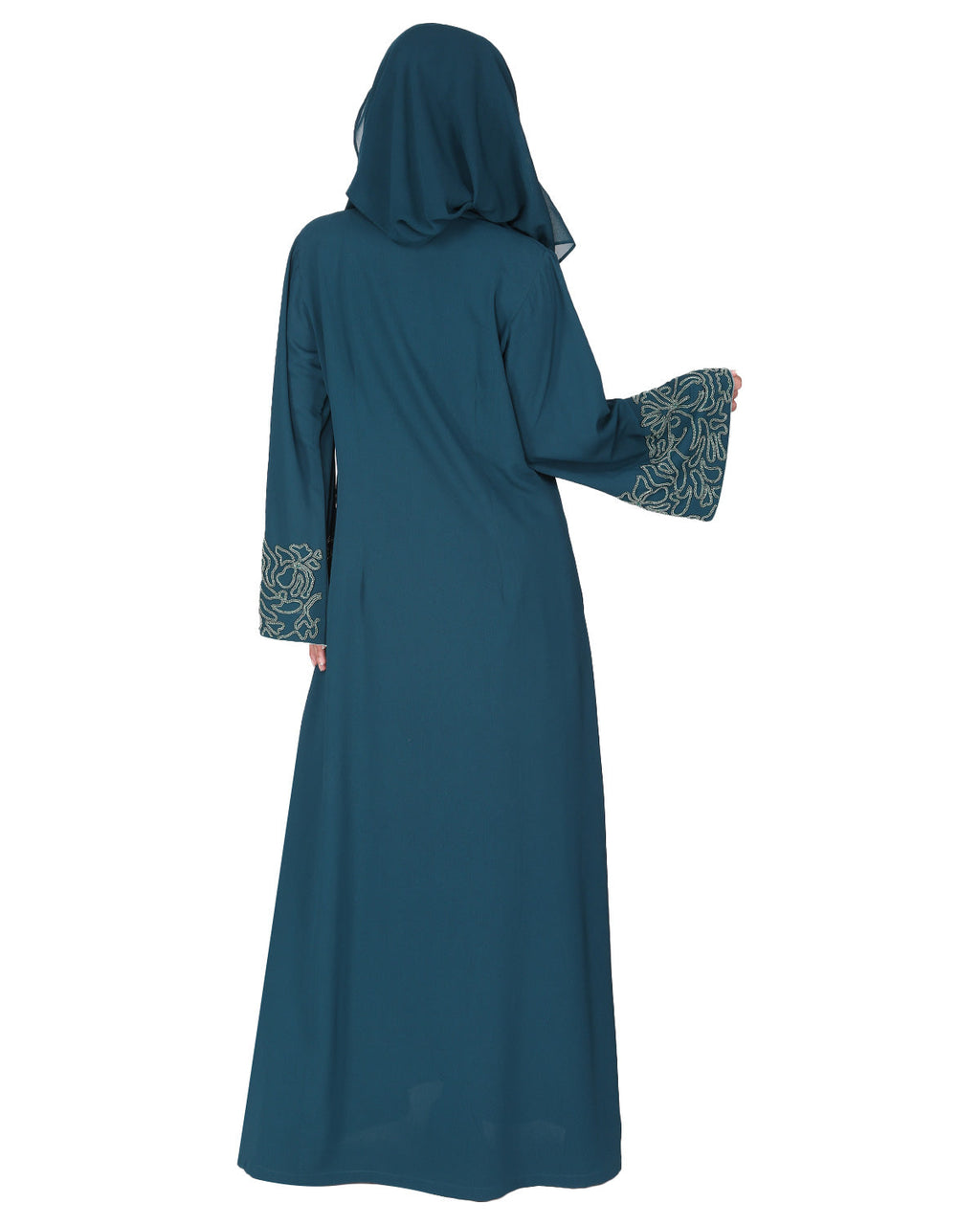 Exclusive abaya with turquoise and Gold Leaf Embroidery Dark Brown