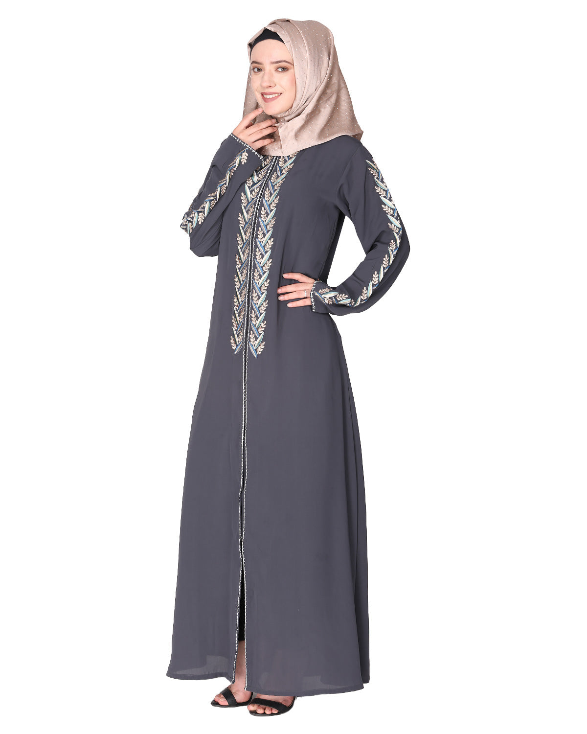 Exclusive abaya with turquoise and Gold Leaf Embroidery Dark Grey
