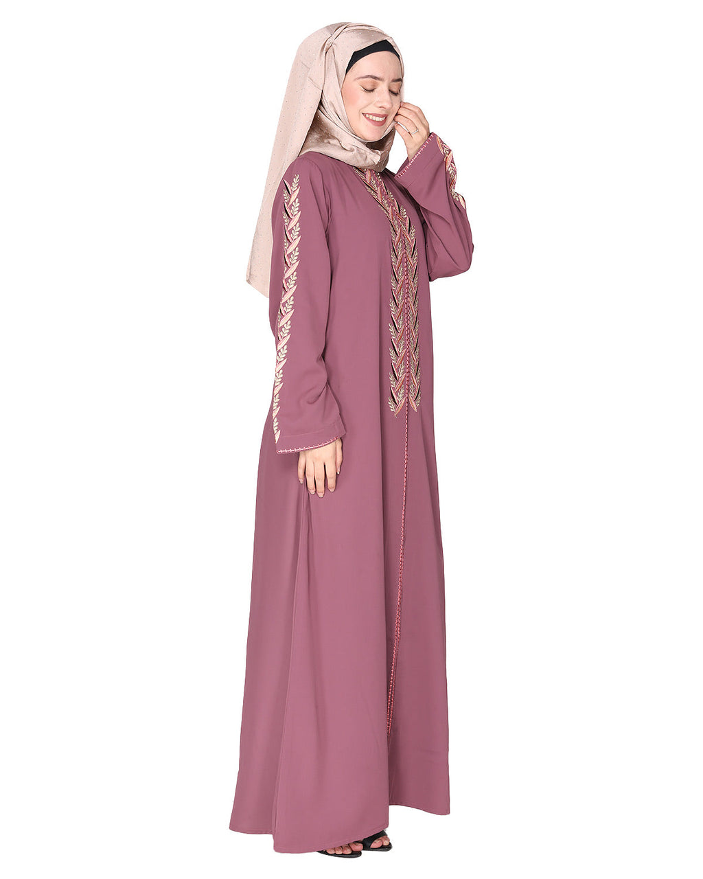 Exclusive abaya with turquoise and Gold Leaf Embroidery Onion Pink