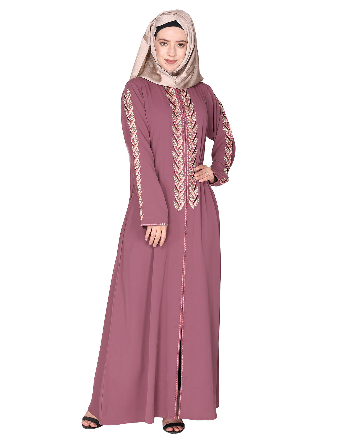 Exclusive abaya with turquoise and Gold Leaf Embroidery Onion Pink