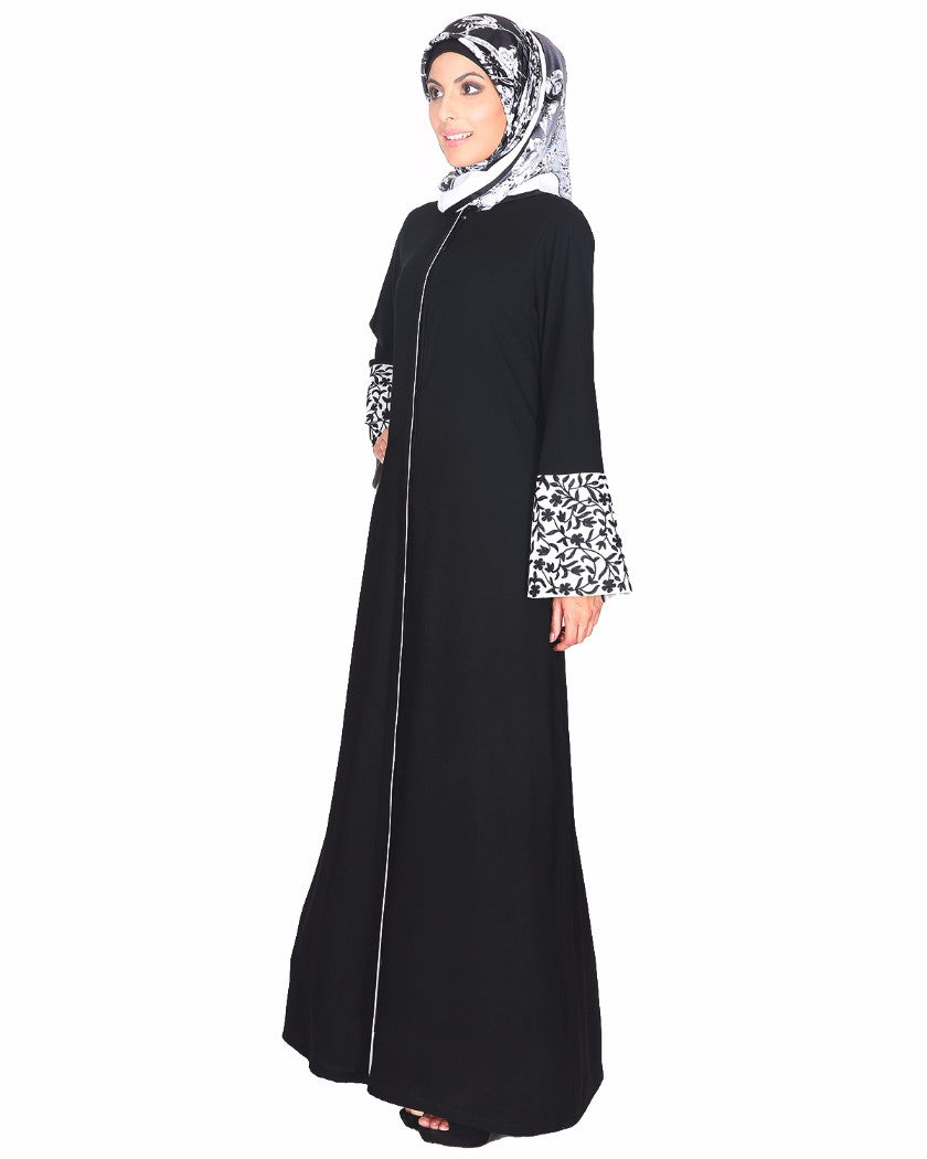 Black Abaya With Thread Embroidered Bell Sleeve Black