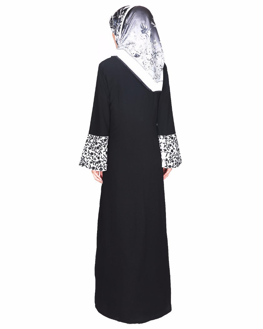 Black Abaya With Thread Embroidered Bell Sleeve Black