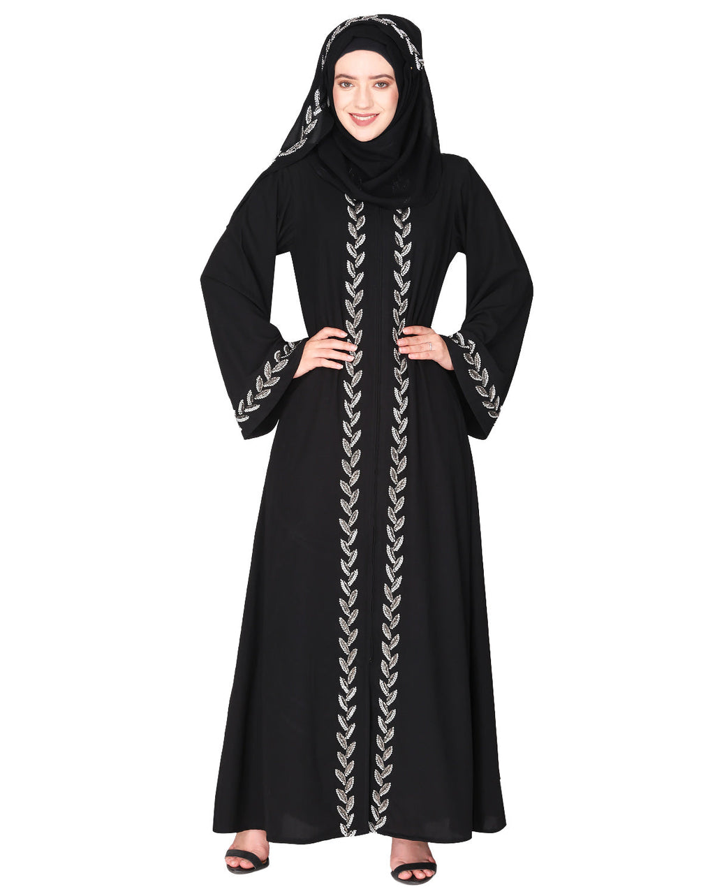 Extraordinary Pearl Drop leaves abaya Black