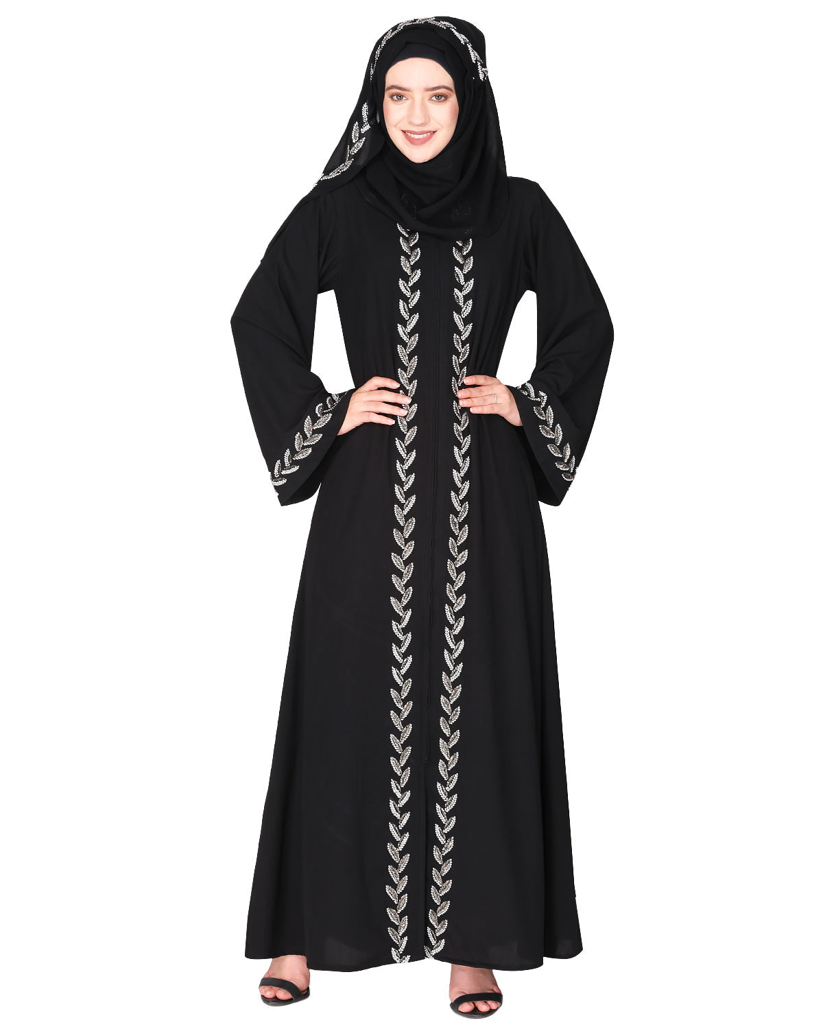 Extraordinary Pearl Drop leaves abaya Black