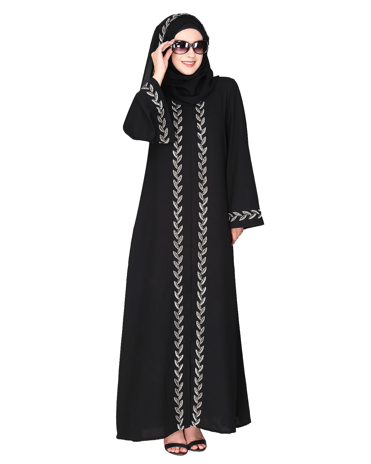 Extraordinary Pearl Drop leaves abaya Black